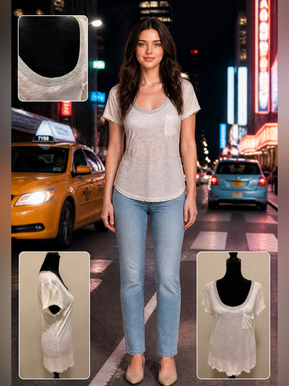 Calvin Klein White Scoop Neck Tee with Silver Trim